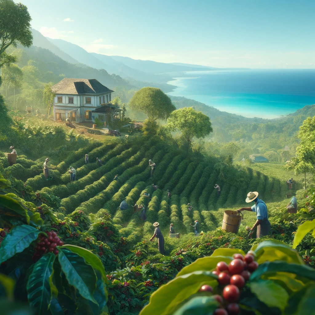 DALL·E 2024-06-08 09.46.58 - A photorealistic scene of Jamaica Blue Mountain coffee being 